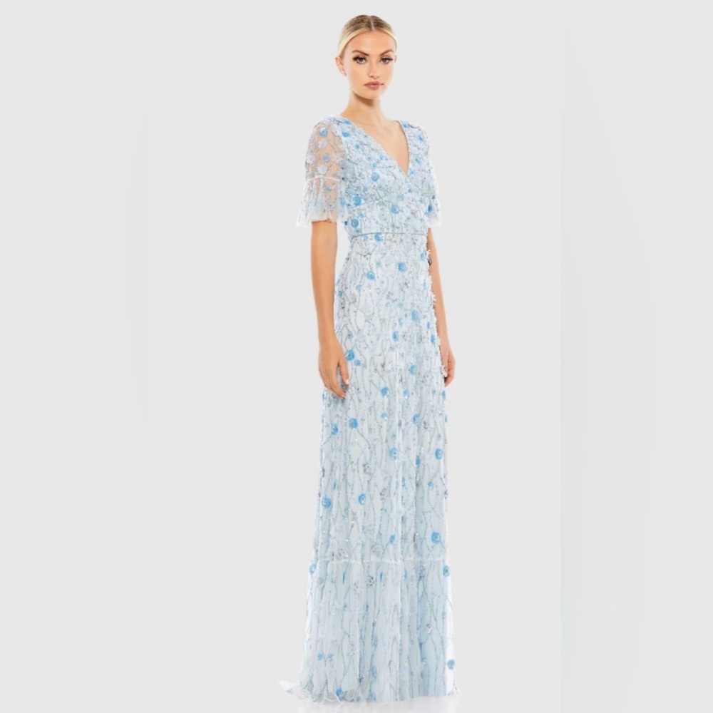MAC DUGGAL- EMBELLISHED V-NECK EMPIRE WAIST RUFFLE HEM GOWN